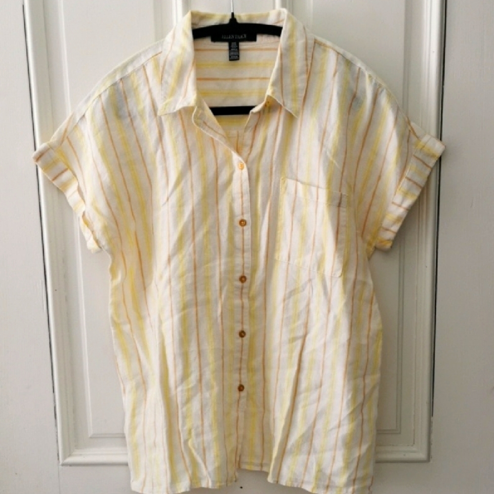 Ellen Tracy 100% Linen Yellow Striped Button Down Boxy Beachy  Blouse. Size M